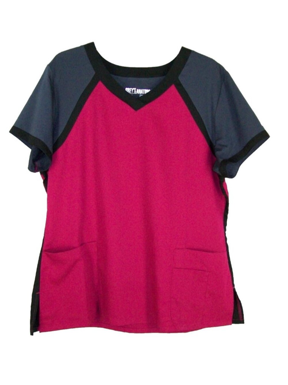 Grey's Anatomy Active Scrub Top XL Womens Vneck Pink Gray Black Trim Color Block